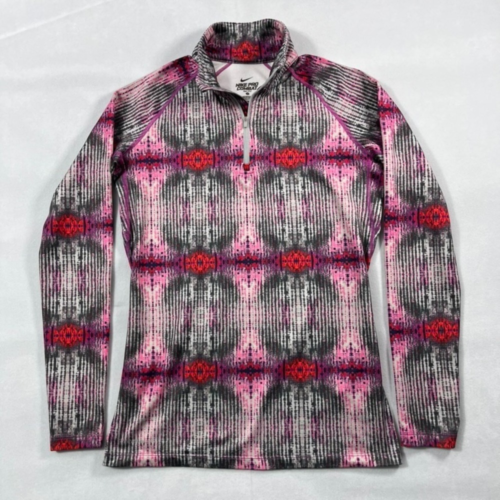 Nike Pro Combat 1/4 Zip Women Medium Fitted Pullover Pink Dri Fit‎ Artsy Print